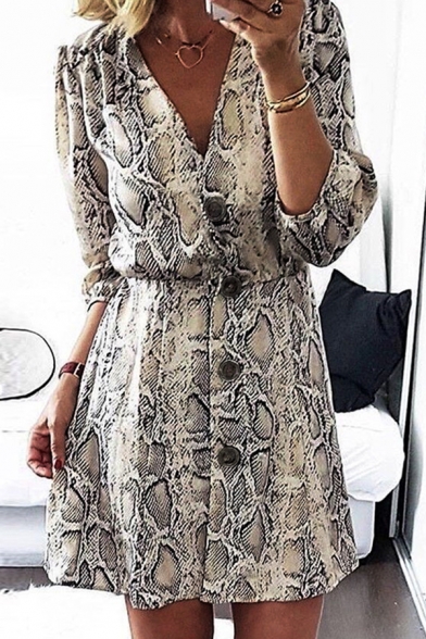 Unique Women's Long Sleeve V-Neck Button Down Snake Patterned Short A-Line Dress in Grey