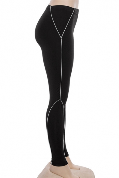 Women's Casual Gym High Rise Contrasted Piped Reflective Long Skinny Leggings in Black