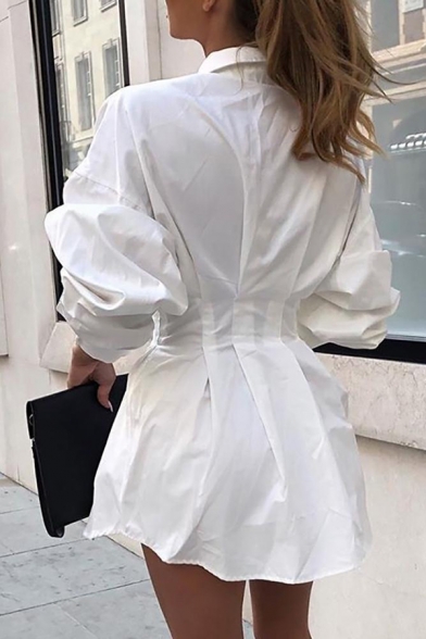 Women's Trendy White Long Sleeve Lapel Collar Button Down Pleated Mini A-Line Shirt Dress