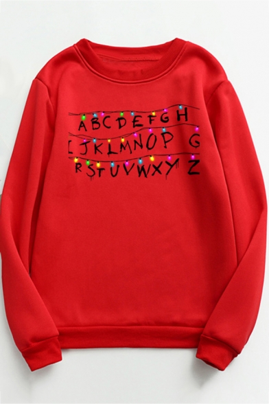 Womens Casual Alphabet Colorful Lights Printed Long Sleeve Regular Pullover Sweatshirt