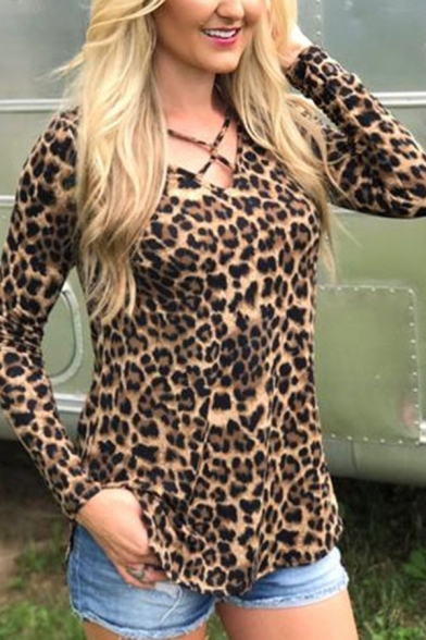 Womens Classic Leopard Print Crisscross Front Long Sleeve Regular Fit Brown T-Shirt