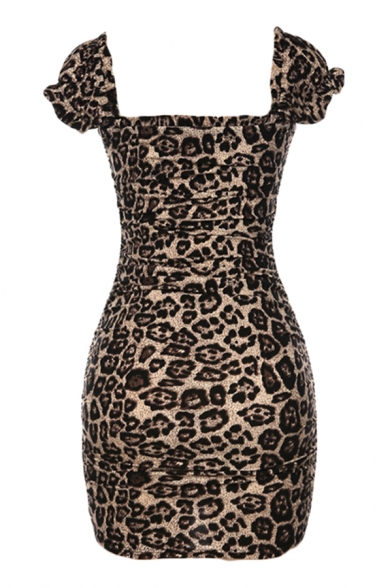 Womens Classic Leopard Printed Sweetheart Neck Backless Drawstring Ruched Front Mini Bodycon Dress