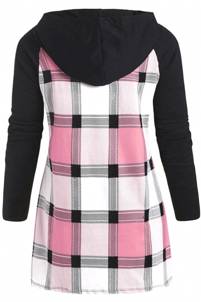 Womens Classic Plaid Patchwork Colorblock Long Sleeves Slim Fit Pullover Hoodie
