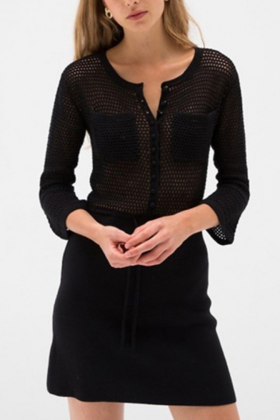 Womens Creative Sheer Net Panel Round Neck Long Sleeve Drawstring Waist Button Down Plain Mini Dress
