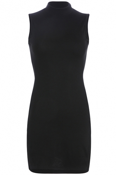 Womens Elegant High Collar Sleeveless Split Hem Black Mini Nightclub Dress