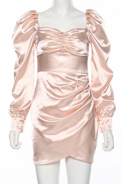 Womens Elegant Plain Apricot Puff-Sleeve Sweetheart Neck Slim Fit Mini Tulip Dress for Party