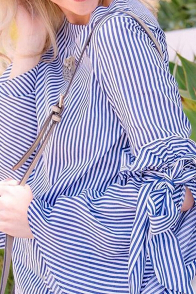 Womens Fashion Blue and White Stripes Print Bowknot Split Bell-Sleeve Loose Casual Blouse