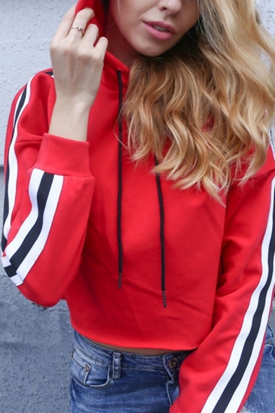Womens Fashionable Striped Long Sleeve Red Cropped Drawstring Hoodie