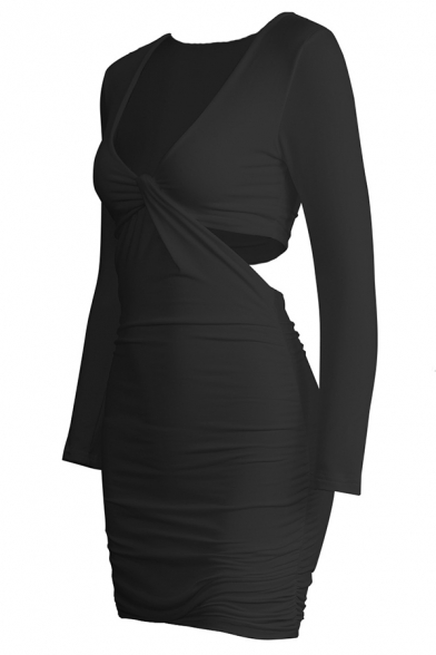 Womens Plain Sexy V-Neck Cutout Ruched Detail Long Sleeve Mini Tulip Dress for Party