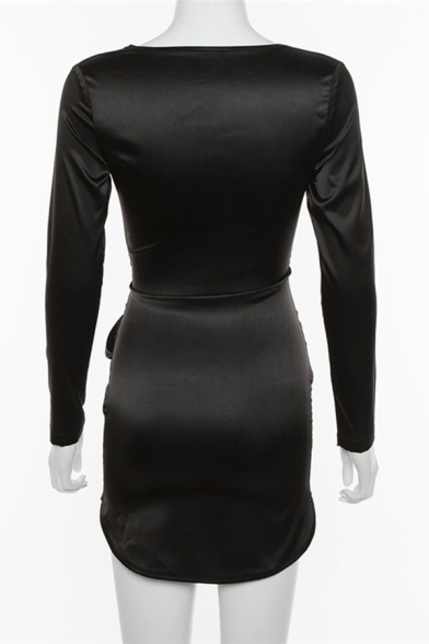 Womens Popular Solid Color Black Long Sleeve V-Neck Hollow Out Tied Waist Mini Party Dress