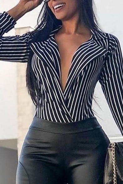 Womens Sexy Elegant Black Stripe Peak Lapel Long Sleeve Slim Fit Business Shirt