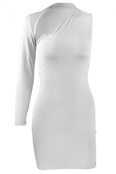 Womens Sexy Plain Cut Out Single Sleeve One Shoulder Mini Designer Club Dress