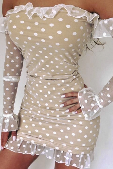 Womens Simple Polka Dot Pattern Ruffled Off Shoulder Long Sleeve Zipper Back Mini Tulle Dress