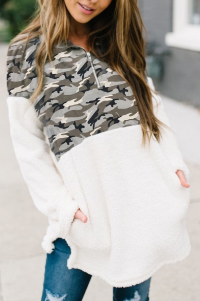 Womens Stylish Camo Printed Long Sleeve Half Zip Loose White Tunic Plush Pullover Sweatshirt