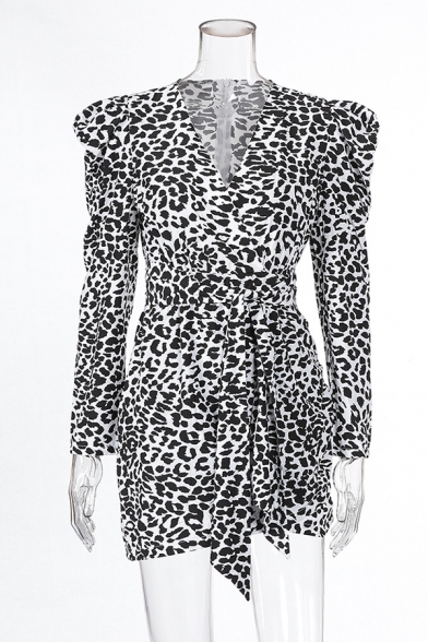 Womens Stylish Leopard Pattern Deep V-Neck Puff Long Sleeve Tied Waist Black Mini Party Dress