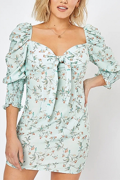 Womens Trendy Floral Printed Sweetheart Neck Knot Front Puff Half Sleeves Mini Fitted Dress