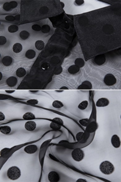 Black Sexy Blouson Sleeve Point Collar Polka Dot Button Down Sheer Mesh Fit Blouse for Female
