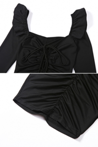 Black Sweetheart Tied Front Ruffled Long Sleeve Slim Fit Casual Elegant Mini Dress