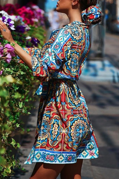 Blue Ethnic Ladies Long Sleeve Lapel Collar Button Down Bow Tie Waist Floral Print Slit Front Mini Shirt Dress
