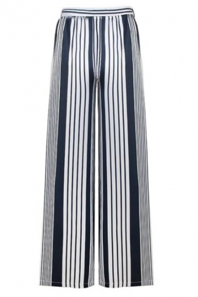 Casual Elegant Ladies' High Waist Bow Tied Stripe Printed Baggy Long Wide Leg Trousers in Dark Blue