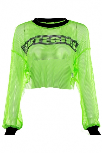Casual Street Long Sleeve Crew Neck CUTE GIRL Letter Neon Green Mesh Loose Fit Crop T-Shirt for Women