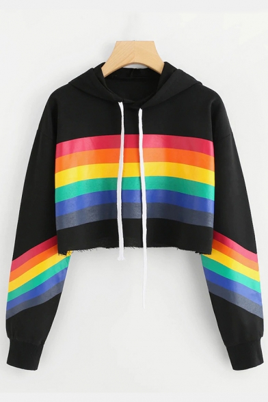Chic Rainbow Striped Pattern Long Sleeve Loose Fit Cropped Drawstring Hoodie