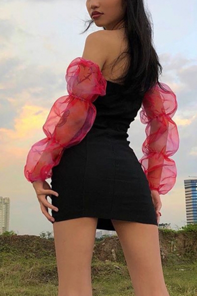 Contrast Bubble Sleeve Off Shoulder Lace Up Front Slim Fit Black Mini Party Dress