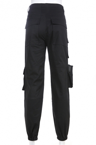 Cool Casual Mid Rise Utility Cuffed Ankle Black Baggy Cargo Pants for Women