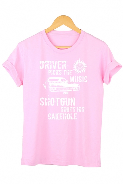 Creative DRIVER PICKS THE MUSIC Letter Print Short Sleeves Crew Neck Loose Graphic T-Shirt