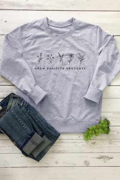 Creative Letter GROW POSITIVE THOUGHTS Long Sleeve Round Neck Graphic Sweatshirt