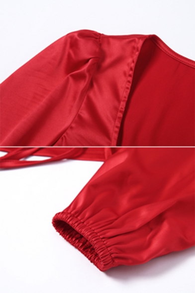 Cute Elegant Ladies' Blouson Sleeve V-Neck Bow Tie Drawstring Slim Fit Red Crop Top for Club