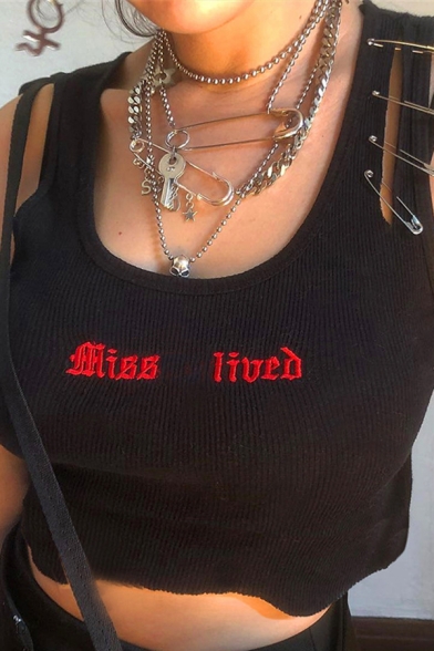 Dark Gothic Sleeveless Scoop Neck Letter MISS LIVED Pin Detail Black Knit Crop Tank Top for Women
