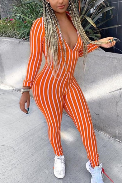 Edgy Looks Long Sleeve Deep V-Neck Stripe Print Zip Front Long Stretchy Skinny Jumpsuit for Women