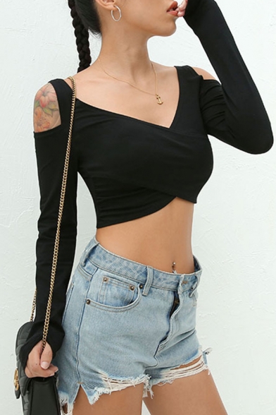 Edgy Looks Long Sleeve V-Neck Cold Shoulder Asymmetric Black Cotton Crop Tee for Women