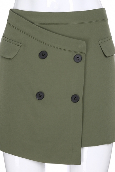 Elegant Ladies' Zip Back Button Detailed Fitted Short Wrap Skirt in Green