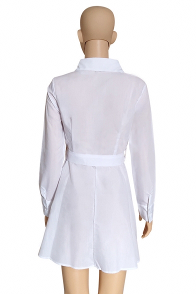 Elegant Stylish Ladies' Long Sleeve Lapel Collar Button Down Bow Tie Waist Pleated Short A-Line Shirt Dress in White