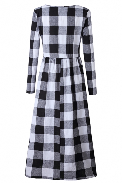Fashion Girls' Long Sleeve Crew Neck Plaid Patterned Maxi Pleated Swing Dress in Black
