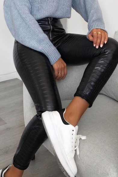 Fashion Street Black High Waist Zipper Front Croco Leather Long Skinny Pants for Women