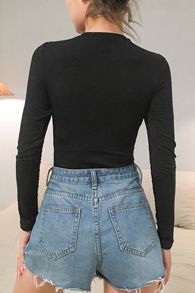 Girls' Casual Long Sleeve Crew Neck Angel Pattern High Cut Slim Fit Black Bodysuit