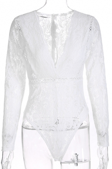 Girls' White Long Sleeve Deep V-Neck Scalloped Hollow Out Lace Semi-Sheer Slim Fit Bodysuit