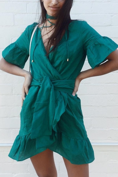 Green Pretty Girls' Short Sleeve Surplice Neck Ruffled Trim Tied Waist Mini Wrap A-Line Dress