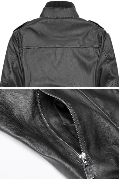 High Collar Epaulets Long Sleeve Rivet Embellished Zipper Pocket Solid PU Jacket Coat