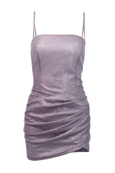 Ladies Hot Popular Glitter Plain Pink Sleeveless Ruched Detail Night Club Mini Strap Dress