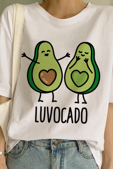 Lovely Cartoon Avocado Letter Pattern Short Sleeve Crew Neck Loose White T-Shirt