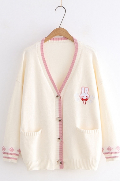 Lovely Rabbit Pattern Contrast Trim V-Neck Long Sleeve Button Front Loose Knit Cardigan