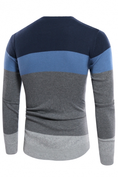 Mens Leisure Colorblock Stripe Printed Long Sleeve Crew Neck Pullover Knit Sweater
