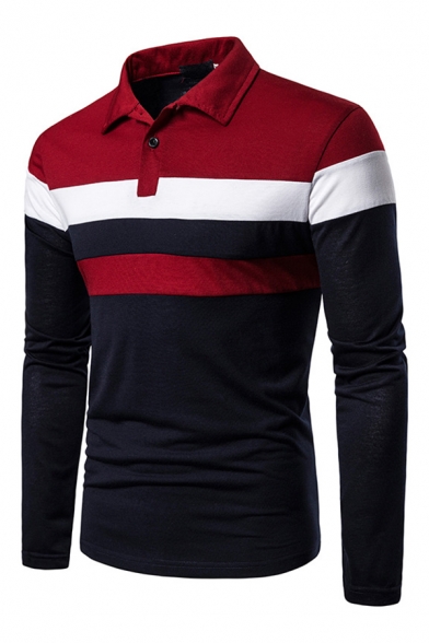 Mens Leisure Colorblocked Stripe Splicing Long Sleeve Button Placket Slim Polo Shirt