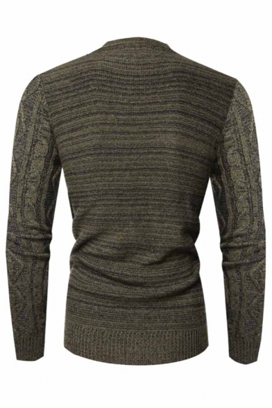 Mens Popular Army Green Long Sleeve Slim Fit Casual Textured Knit Pullover Sweater