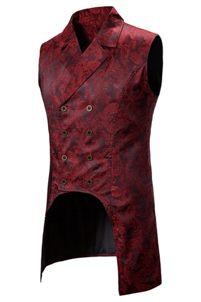 Mens Vintage Paisley Pattern Double Breasted High Low Hem Solid Color Tunic Suit Vest