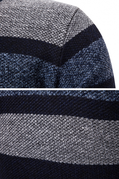 Mens Warm Knit Colorblock Stripe Printed Stand Collar Zip Placket Outdoor Cardigan Coat